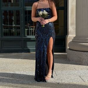 Windsor Black and Blue Sequin Prom Dress